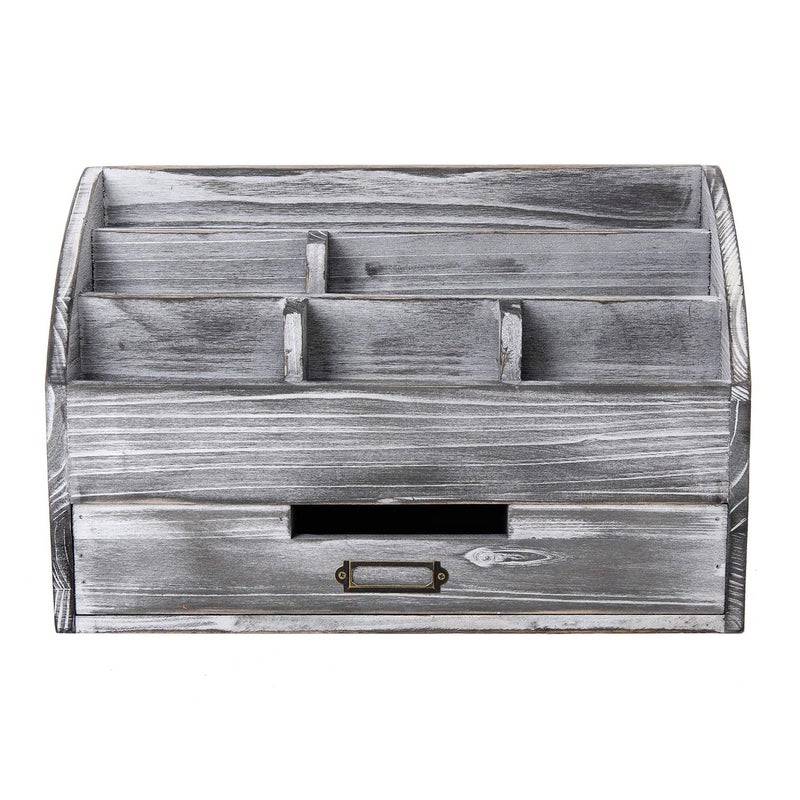 canwedance Distressed Rustic Wooden Office Desk Organizer 5 Compartment with 2 Drawer &Counter Desk Tabletop Desktop Mail Rack, Pens, Notebooks, Folders, Pencils and Office Supplies (grey) - Image 3